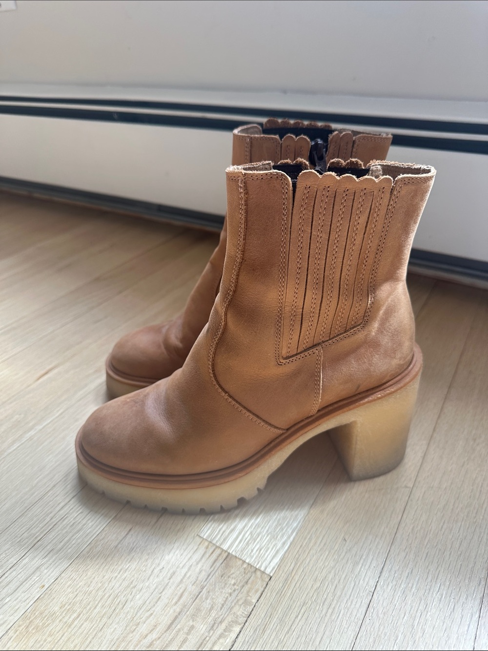 Free People Tan Leather Chunky Heel Ankle Boots